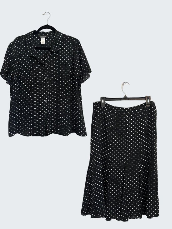 Jones New York Polka Dot Skirt Set 14W Black White Blouse 100% Silk Plus Size